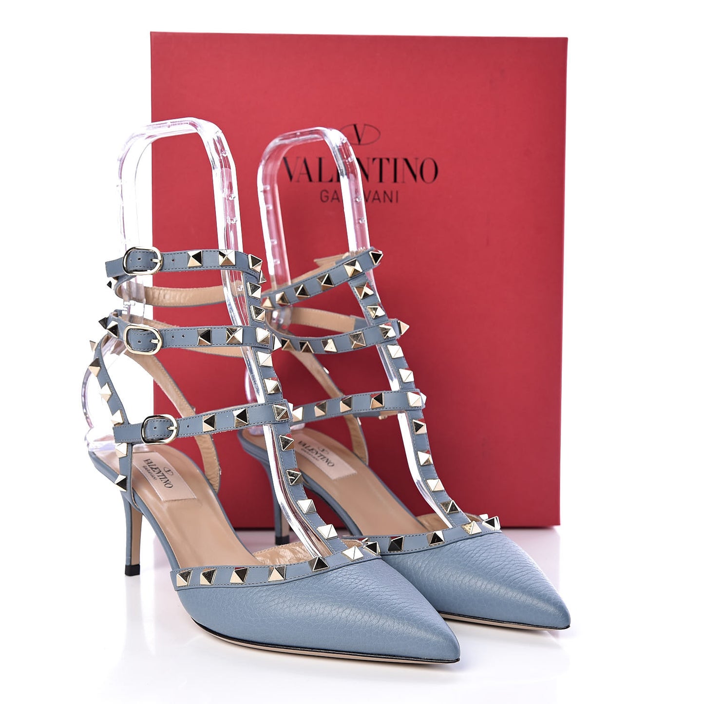 Pebbled Calfskin Rockstud Ankle Strap 65mm Pumps 38 Niagara