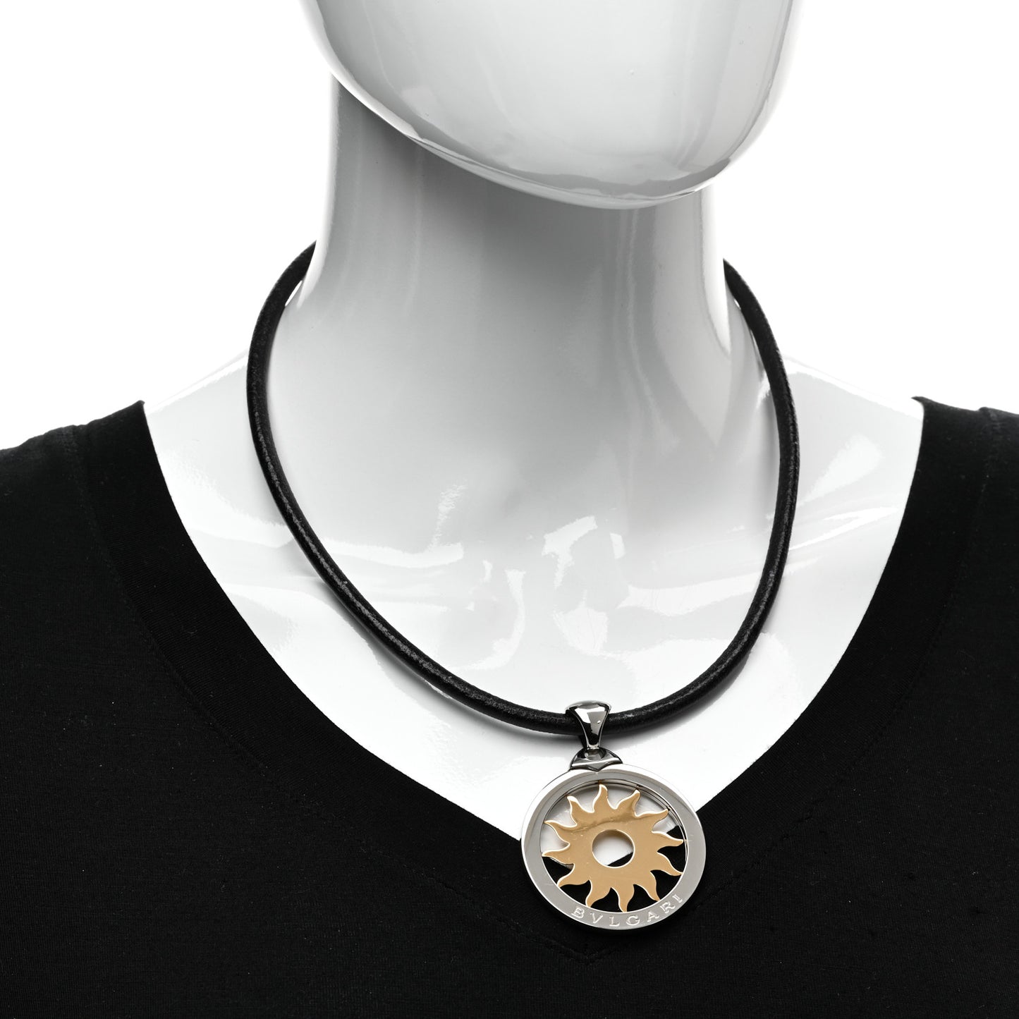 18K Yellow Gold Stainless Steel Calfskin Tondo Sun Pendant Necklace Black