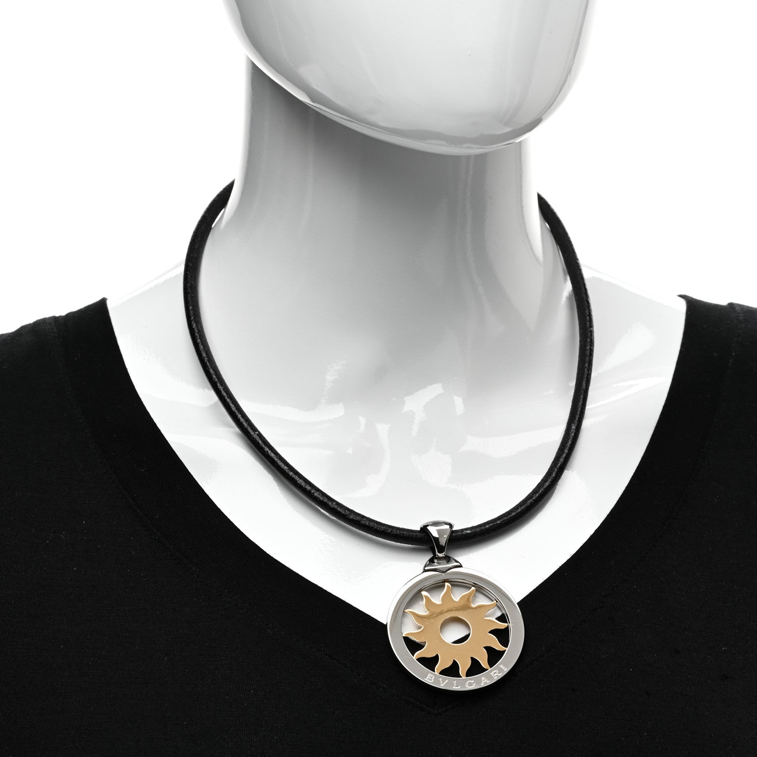 Bulgari 18K Yellow Gold Stainless Steel Calfskin Tondo Sun Pendant Necklace Black 2 of 5