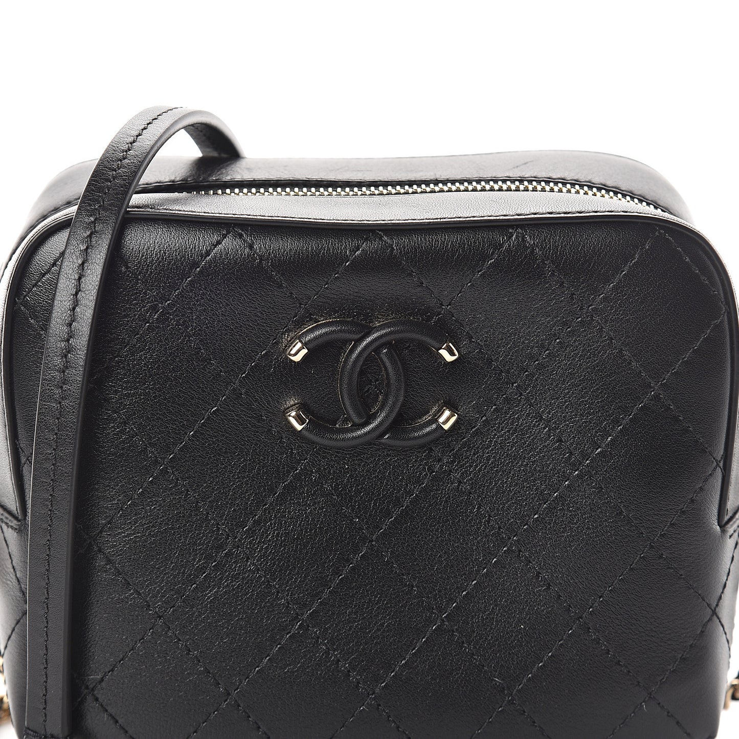 Calfskin Stitched Enamel CC Camera Case Bag Black
