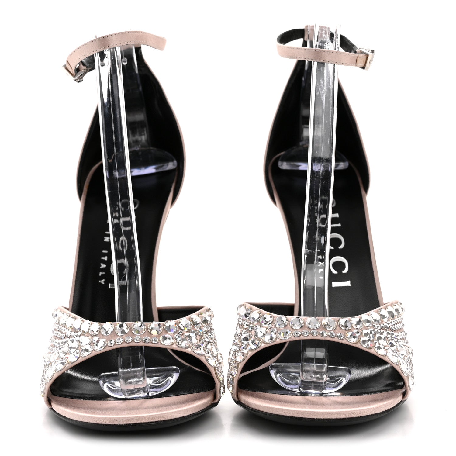 Gucci Satin Crystal Ankle Strap Sandal Pumps 39 Skin Rose 3 of 10