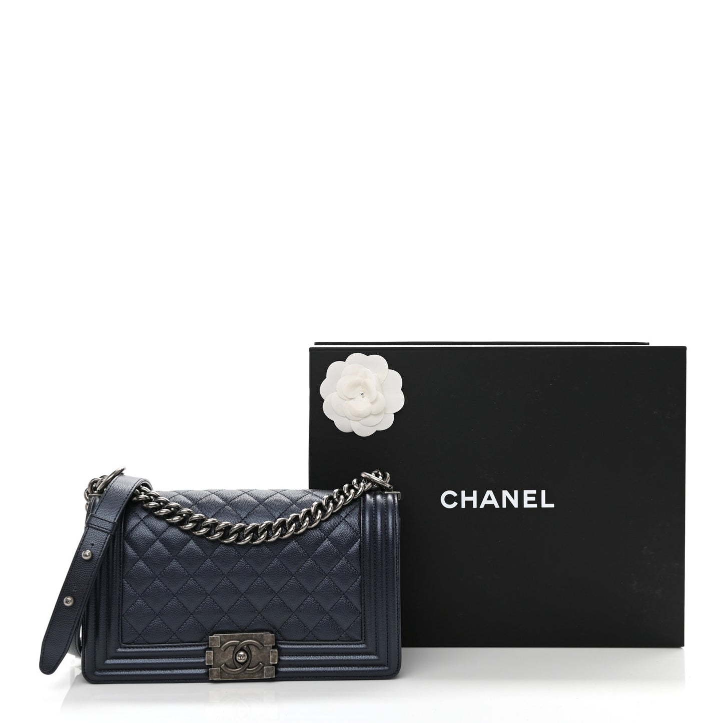 Metallic Caviar Quilted Medium Boy Flap Navy