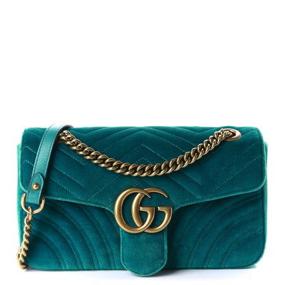 Gucci Velvet Matelasse Small GG Marmont Shoulder Bag Pavone Cyan 1 of 10