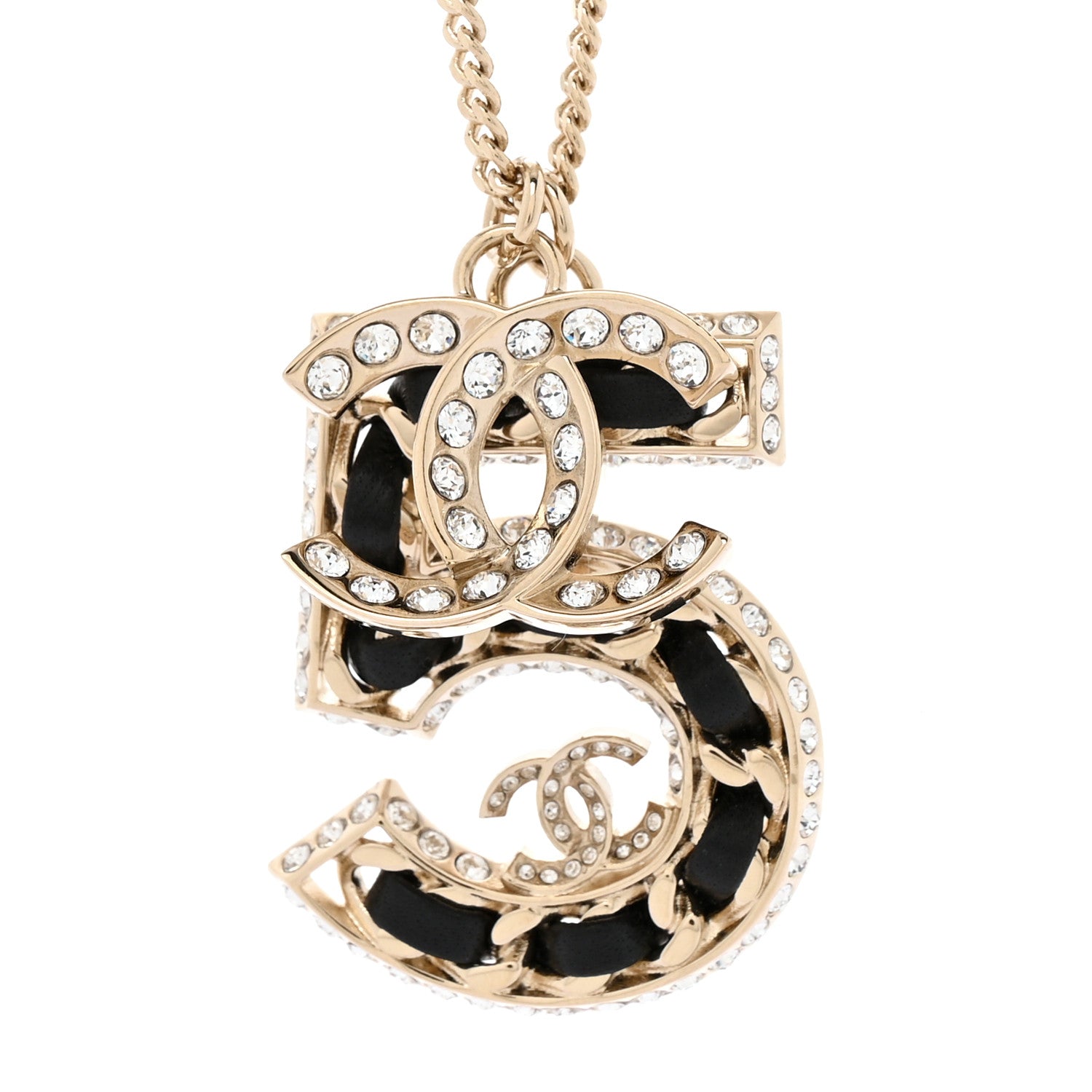 Chanel Lambskin Crystal CC Number 5 Pendant Necklace Gold Black 4 of 6