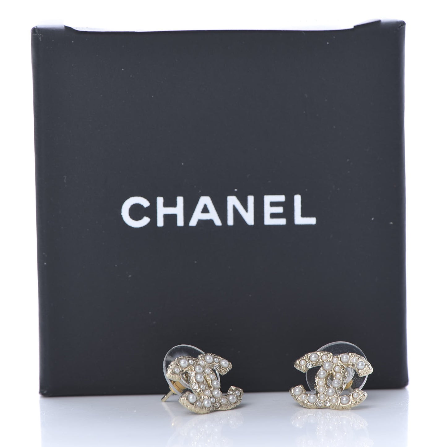 Pearl Crystal CC Stud Earrings Gold