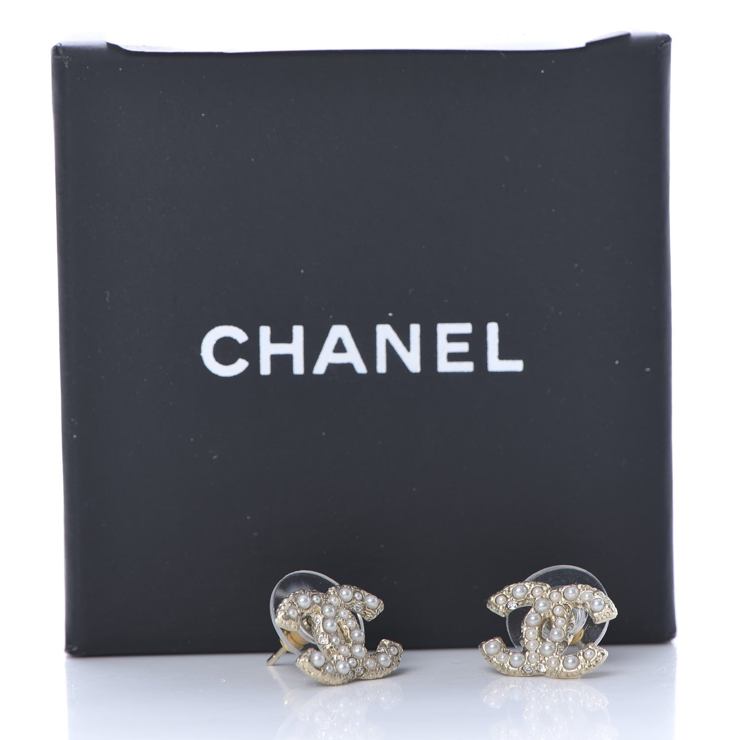Chanel Pearl Crystal CC Stud Earrings Gold 5 of 5
