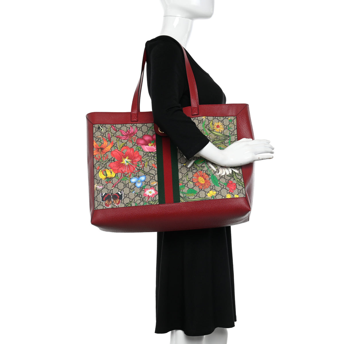 Gucci GG Supreme Monogram Flora Web Large Ophidia Tote Red 2 of 13