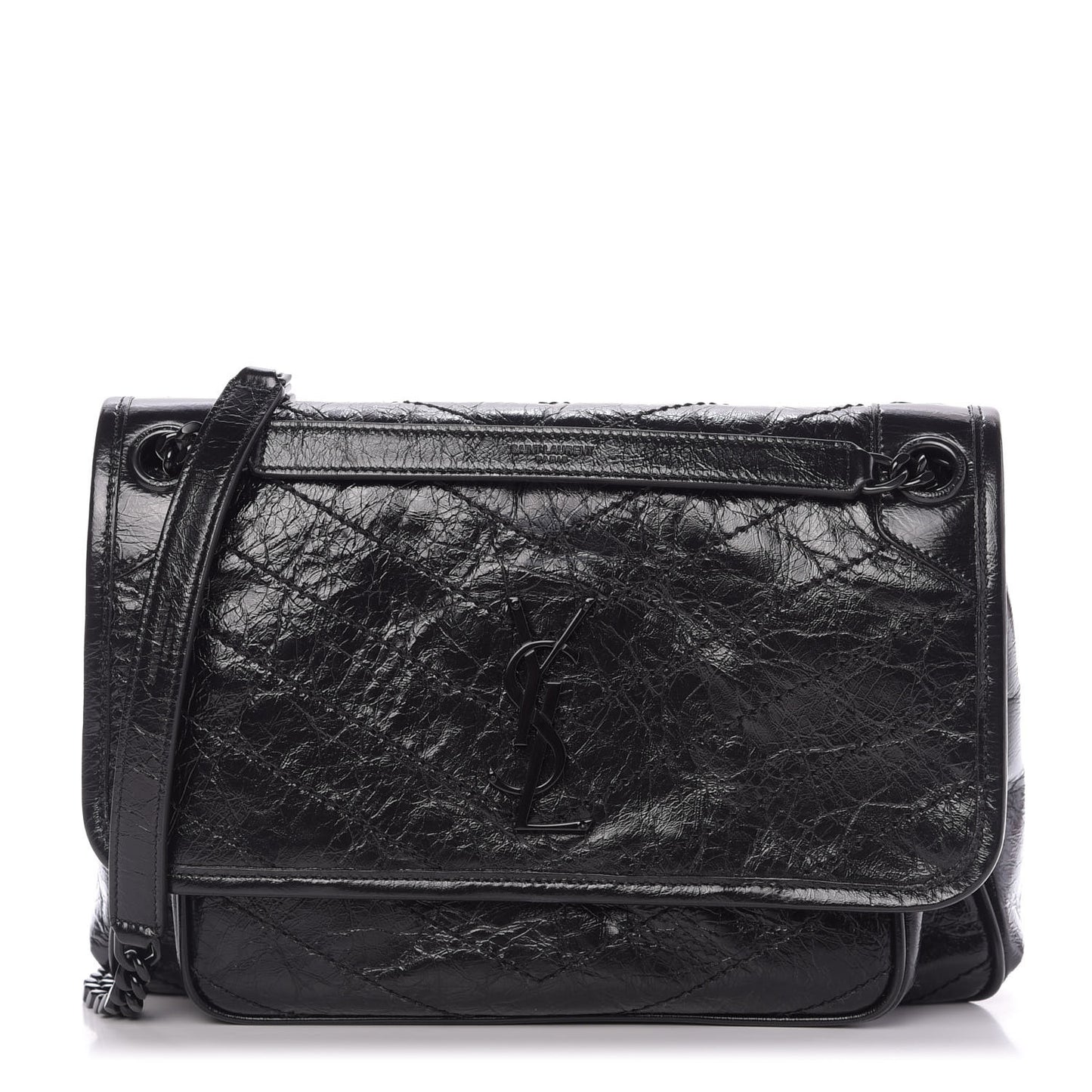 Crinkled Calfskin Matelasse Monogram Medium Niki Chain Satchel Black