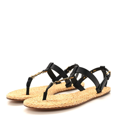 Saint Laurent Calfskin Raffia Cassandra Monogram Sandals 38.5 Black 4 of 9