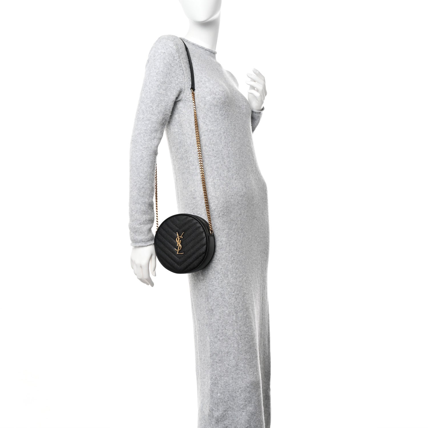 Saint Laurent Grain De Poudre Matelasse Chevron Quilted Round Vinyle Camera Bag Black 2 of 9