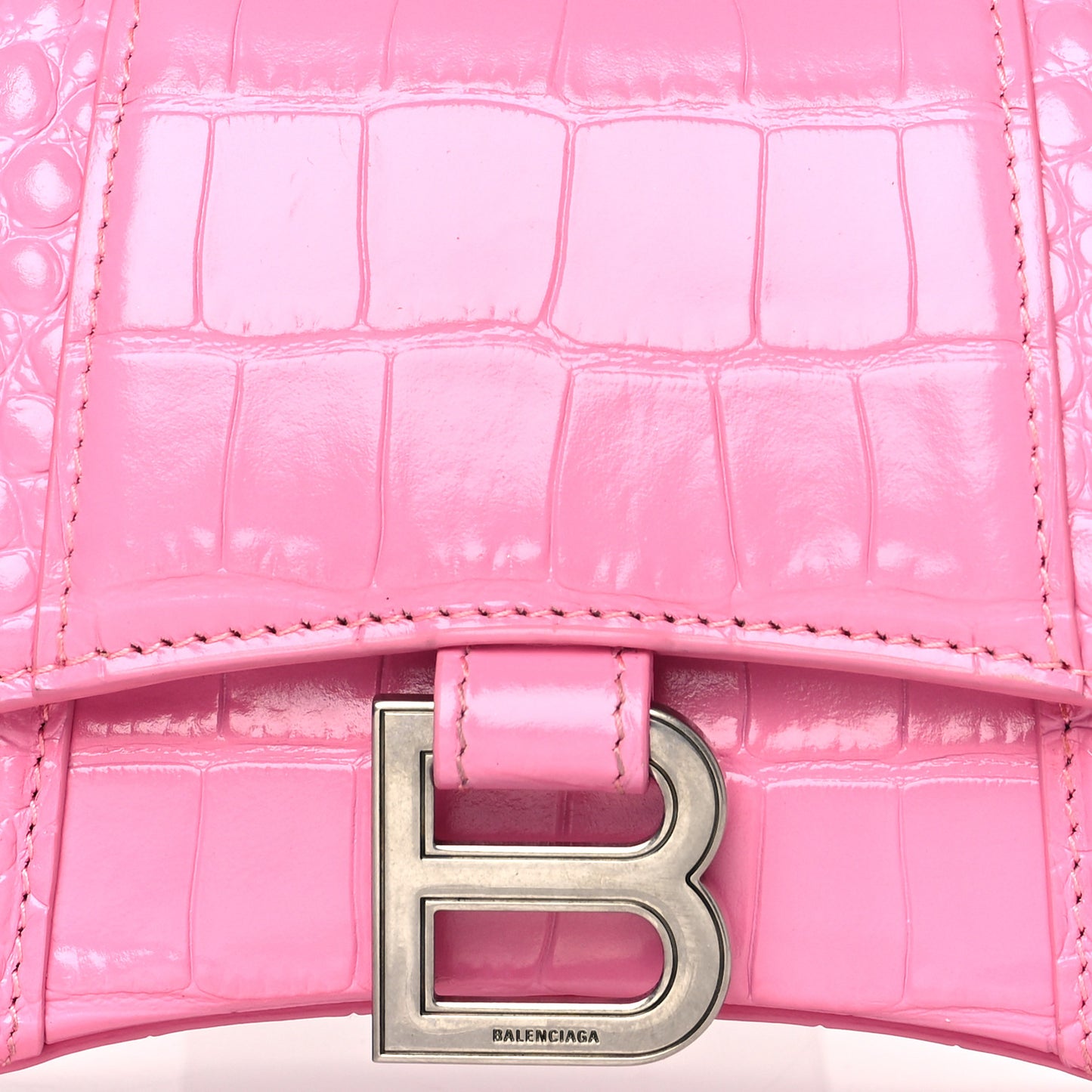 Shiny Calfskin Crocodile Embossed Hourglass Top Handle Bag XS Baby Pink