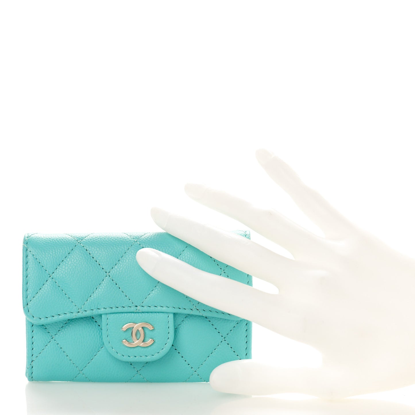 Caviar Quilted Flap Card Holder Wallet Turquoise