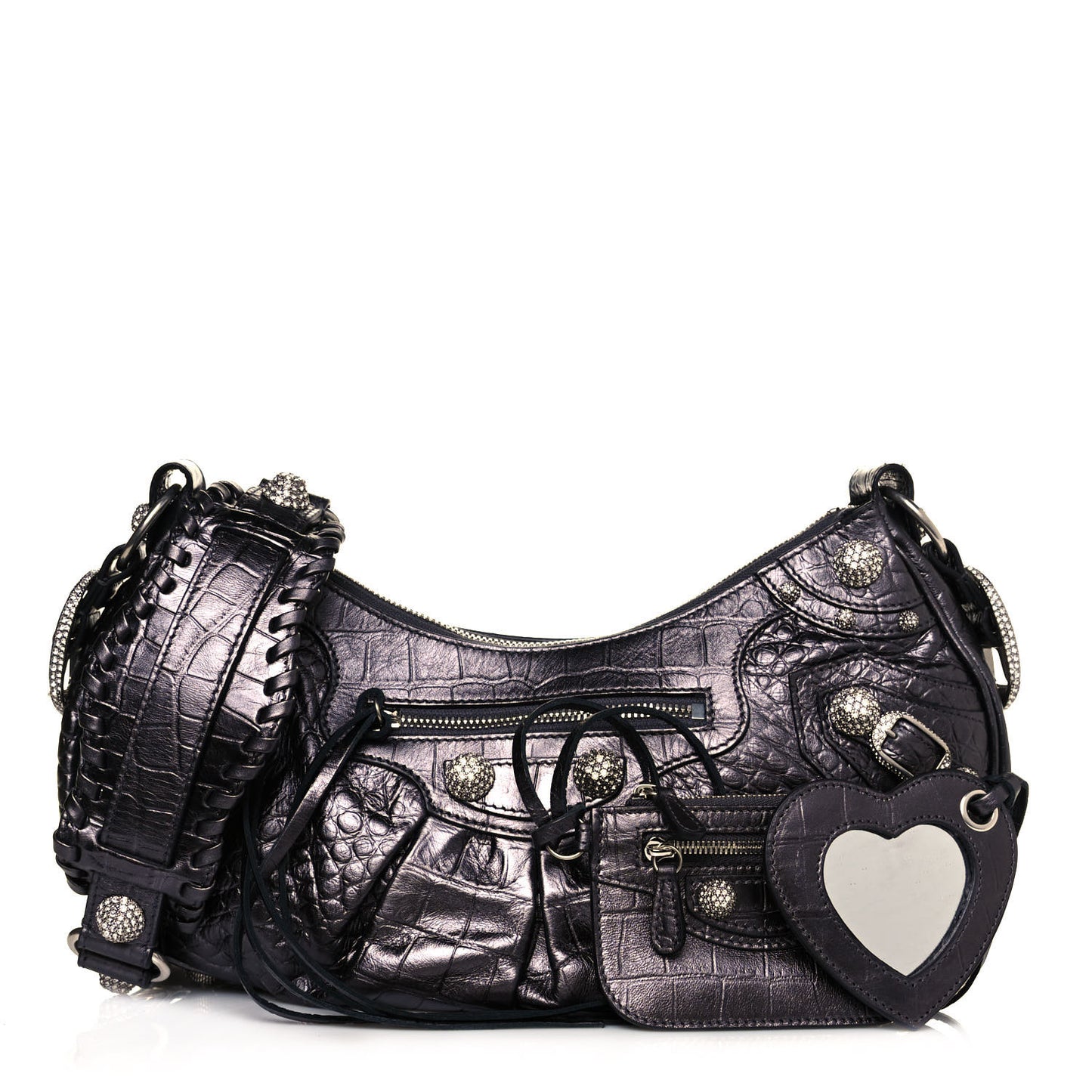 Metallic Calfskin Crocodile Embossed Crystal Small Le Cagole Shoulder Bag Gunmetal
