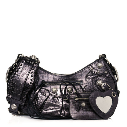 Balenciaga Metallic Calfskin Crocodile Embossed Crystal Small Le Cagole Shoulder Bag Gunmetal 1 of 12