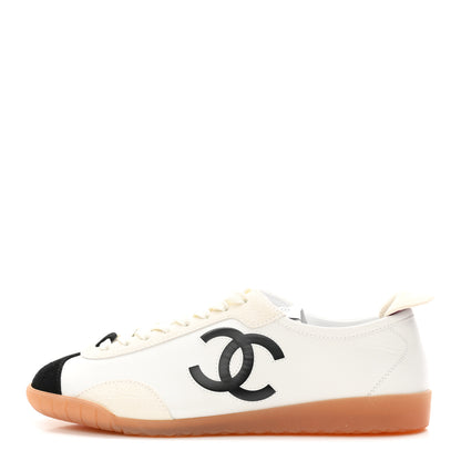 Chanel Calfskin Embossed Suede Sneakers 36.5 White Black 1 of 10