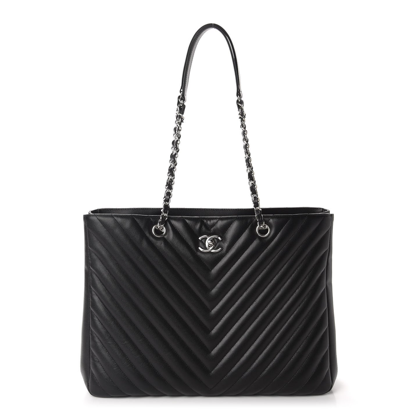 Caviar Chevron Quilted Large Shopping Tote Black