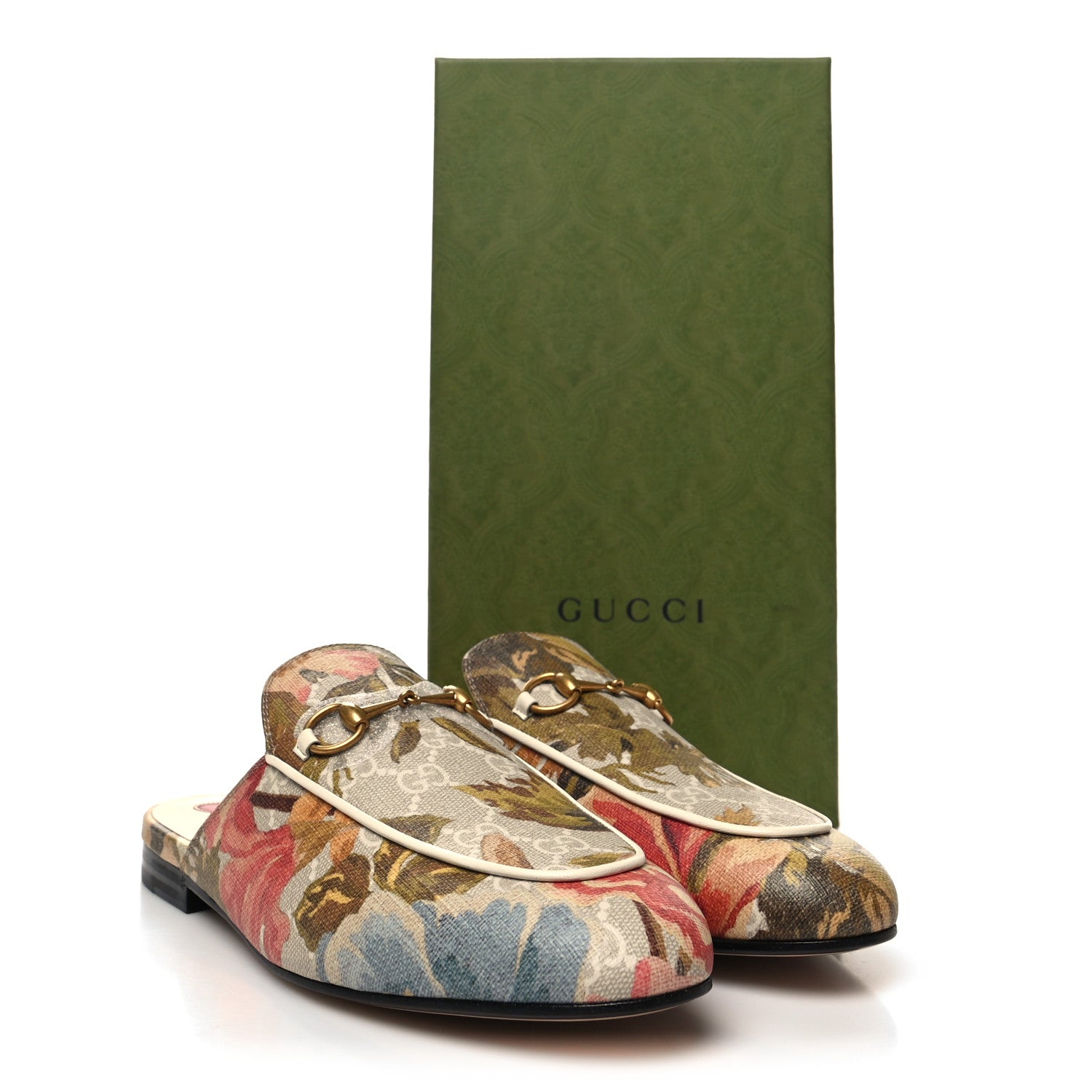 Gucci GG Supreme Monogram Malaga Kid Water Flora Womens Princetown Slippers 39 Beige White Multicolor Mystic White 9 of 9