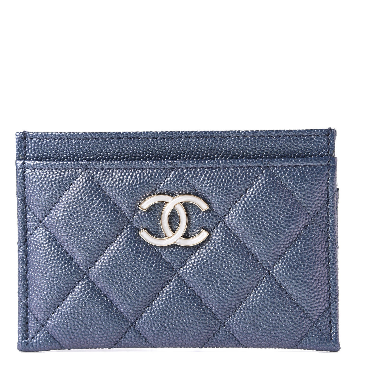 Iridescent Caviar Quilted Card Holder Dark Blue