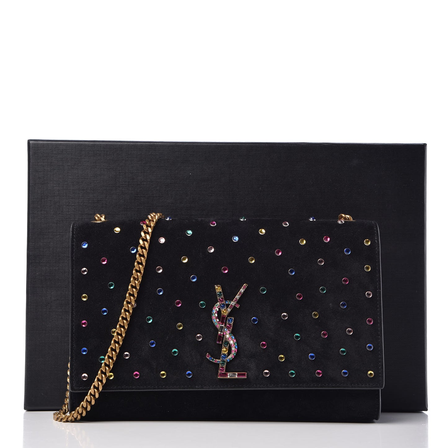 Suede Crystal Medium Classic Monogram Kate Satchel Black