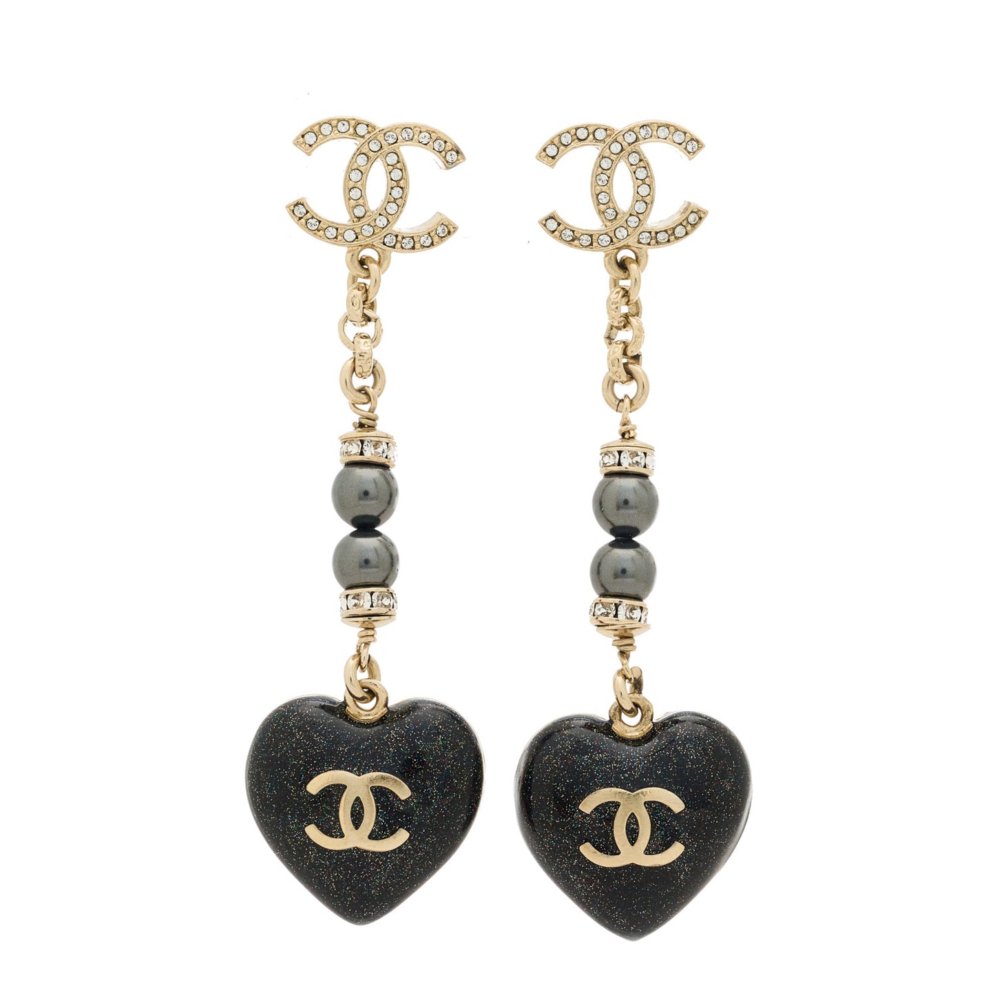 Resin Crystal Pearl CC Heart Chain Earrings Black Gold