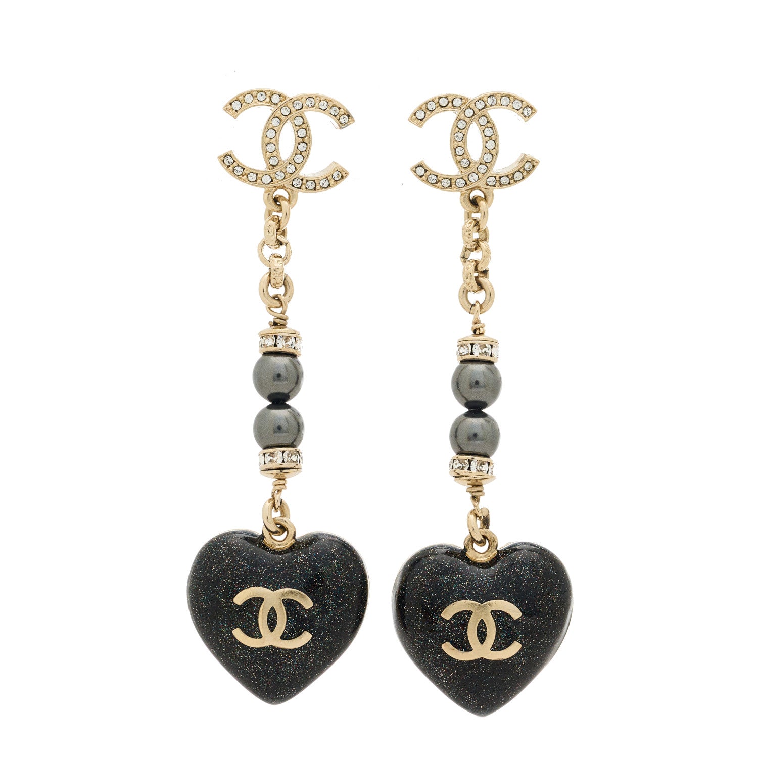 Chanel Resin Crystal Pearl CC Heart Chain Earrings Black Gold 3 of 5