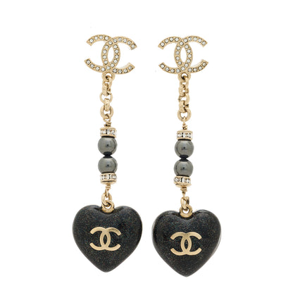 Chanel Resin Crystal Pearl CC Heart Chain Earrings Black Gold 3 of 5