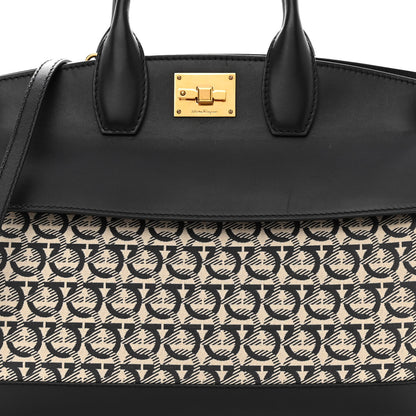 Salvatore Ferragamo Canvas Calfskin Gancini The Studio Bag Black Beige 8 of 10