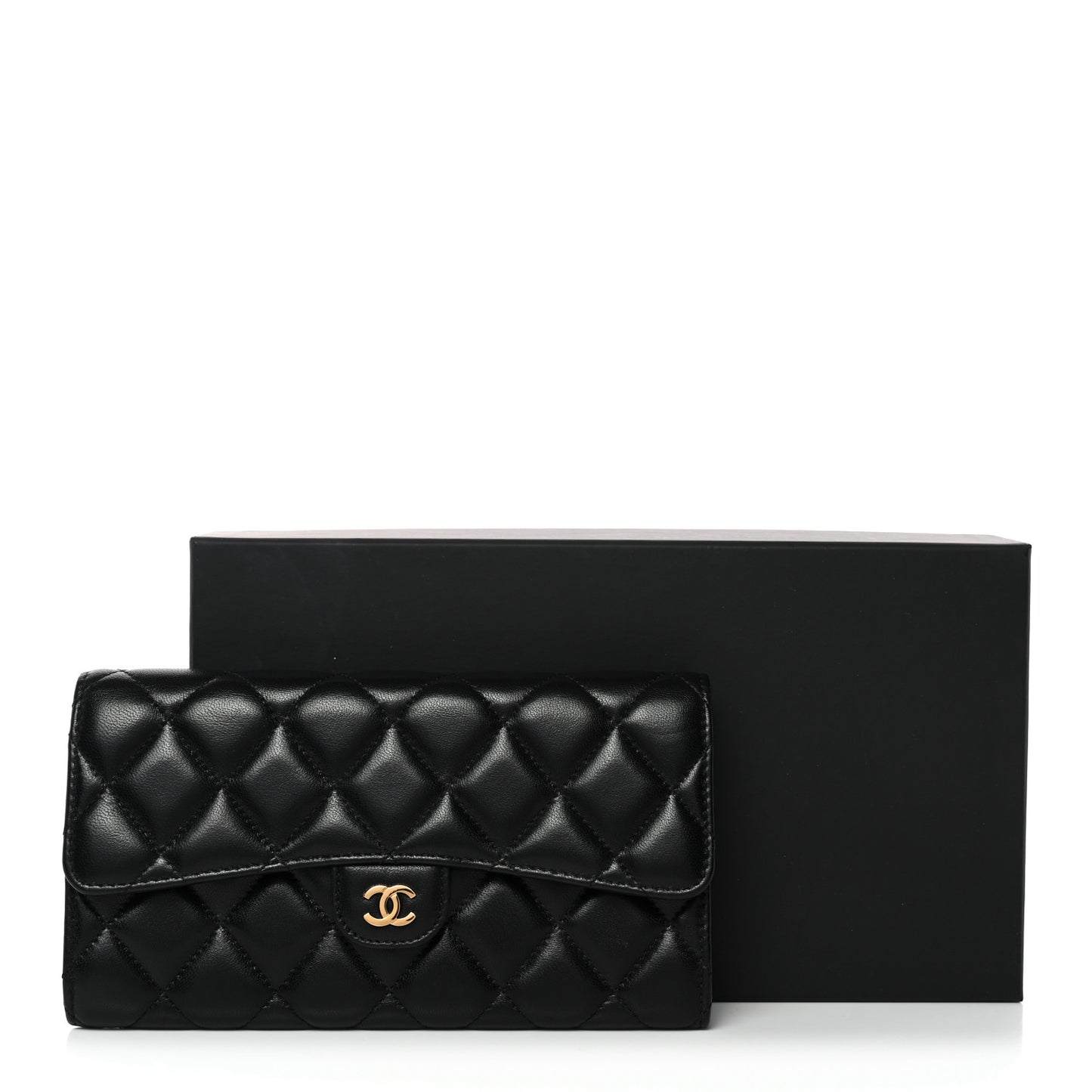 Lambskin Quilted Large Gusset Flap Wallet Black