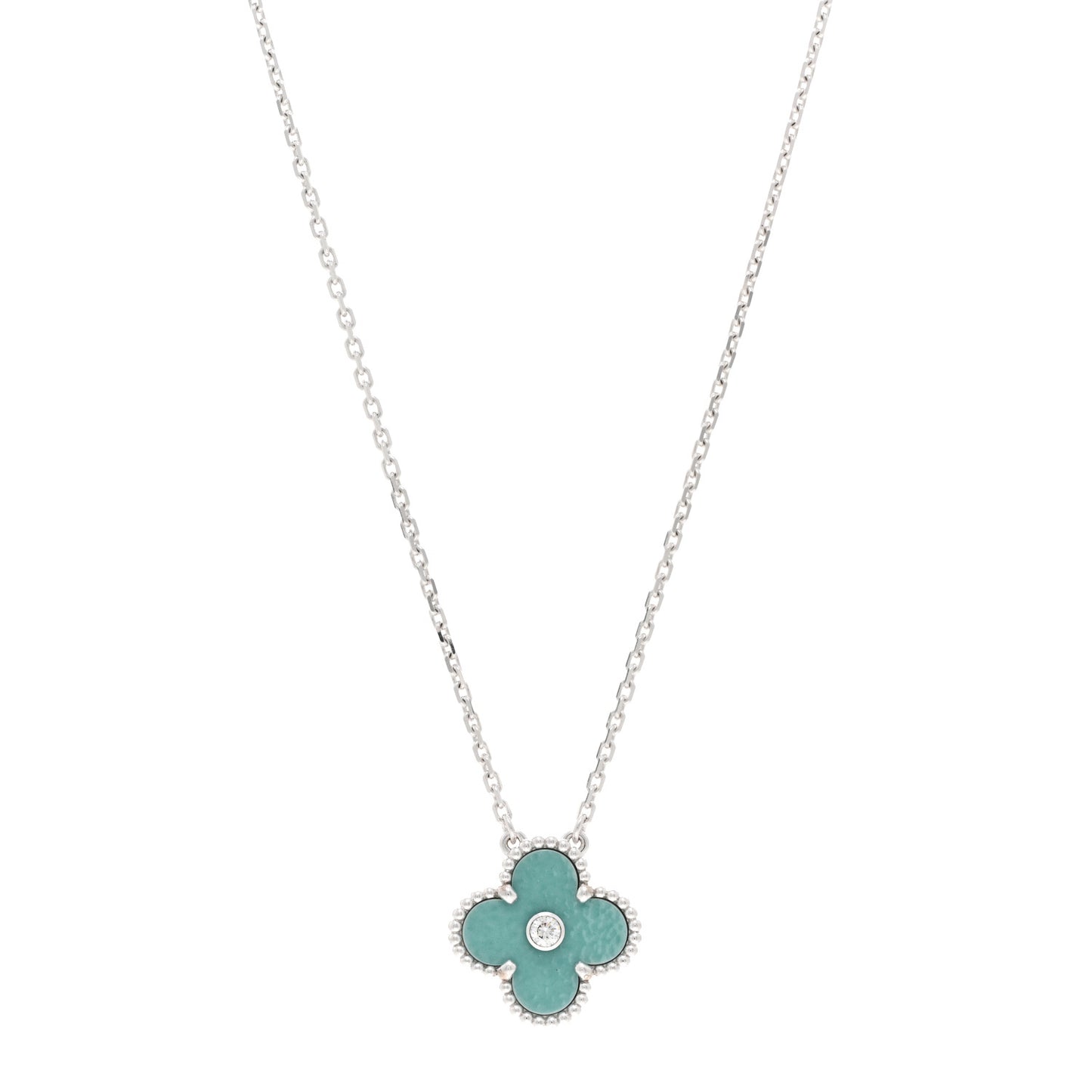 18K White Gold Diamond Celadon Green Sevres Porcelain Vintage Alhambra Pendant Necklace