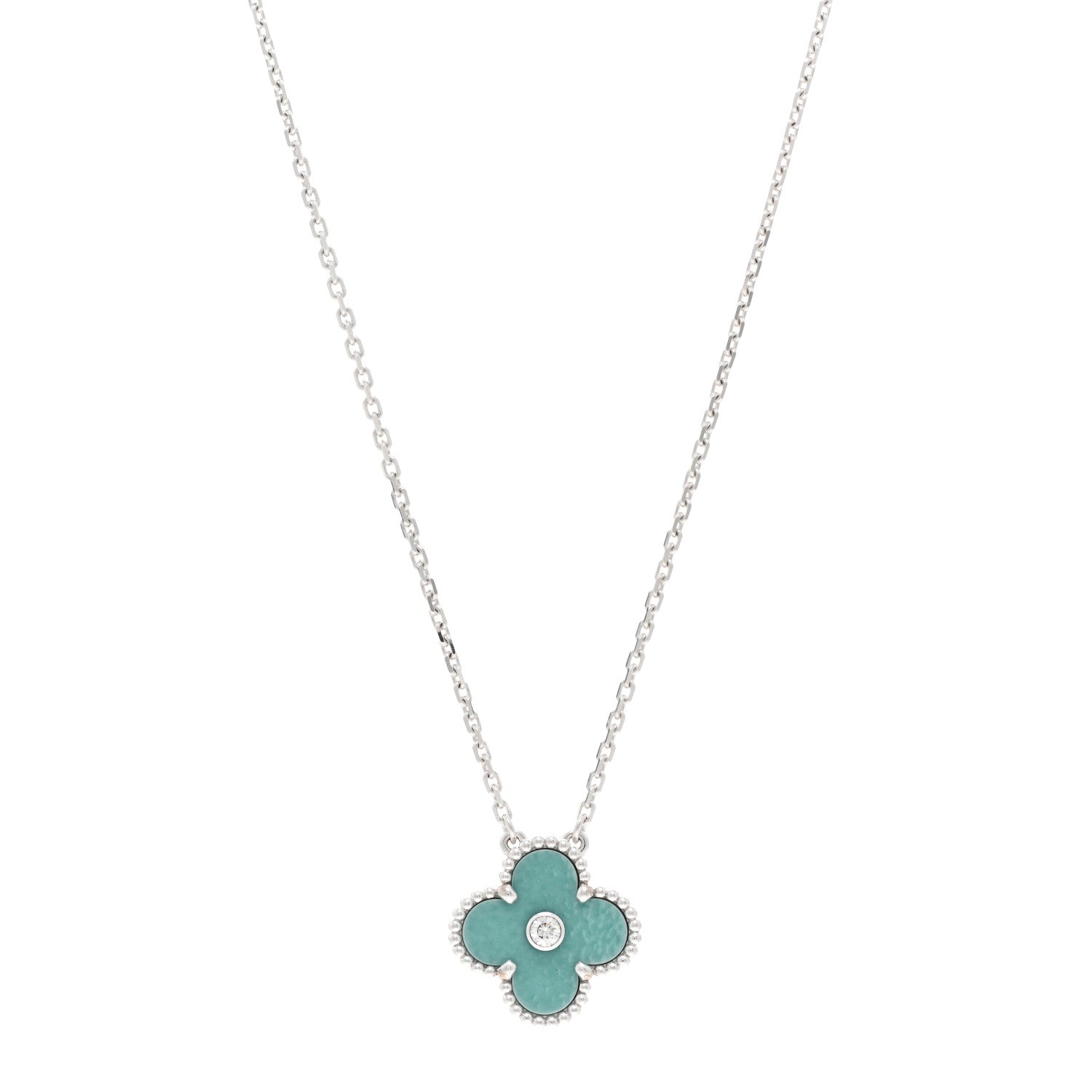 Van Cleef & Arpels 18K White Gold Diamond Celadon Green Sevres Porcelain Vintage Alhambra Pendant Necklace 1 of 5