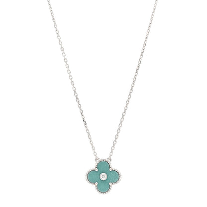 Van Cleef & Arpels 18K White Gold Diamond Celadon Green Sevres Porcelain Vintage Alhambra Pendant Necklace 1 of 5
