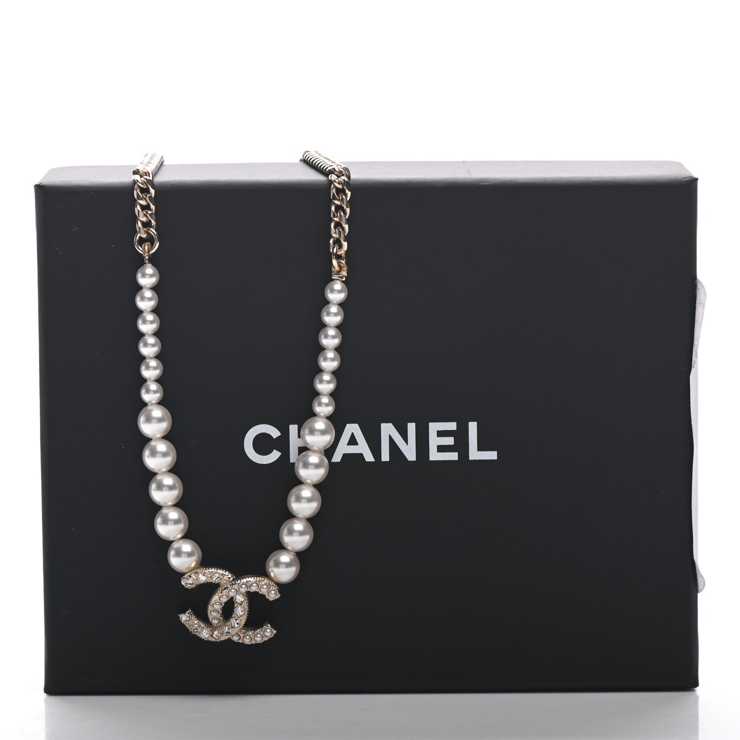 Pearl Crystal Chain CC Necklace Gold