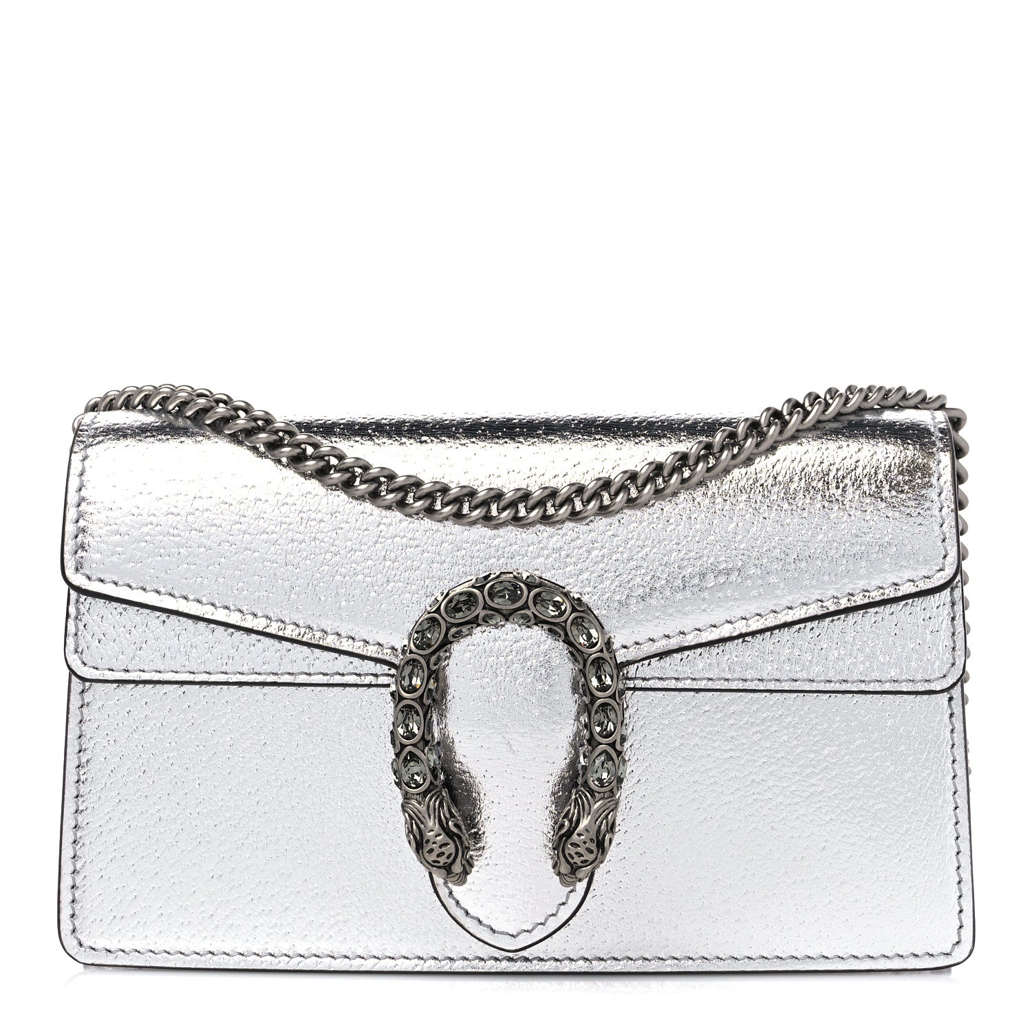 front view image of a GUCCI Metallic Calfskin Super Mini Dionysus Shoulder Bag in the color metallic Silver by FASHIONPHILE
