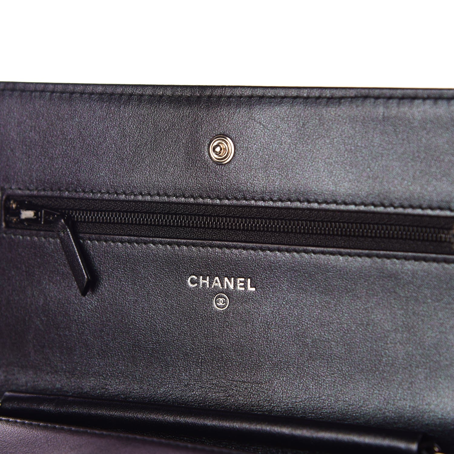 Chanel Patent Metallic Crumpled Calfskin Chevron Quilted Wallet On Chain WOC Black 19 of 21