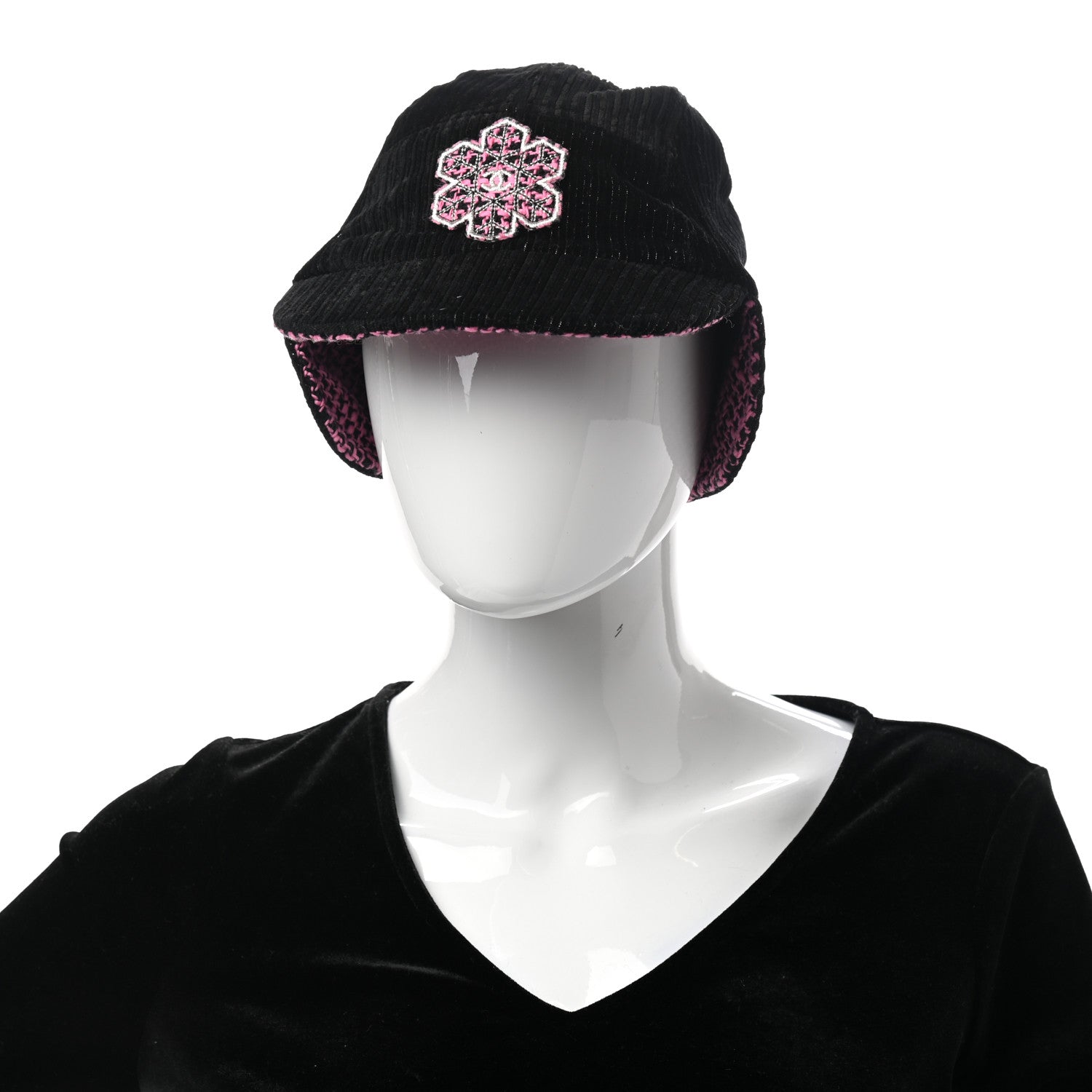 Chanel Cotton Tweed CC Snowflake Cap Hat M Pink Black 2 of 9
