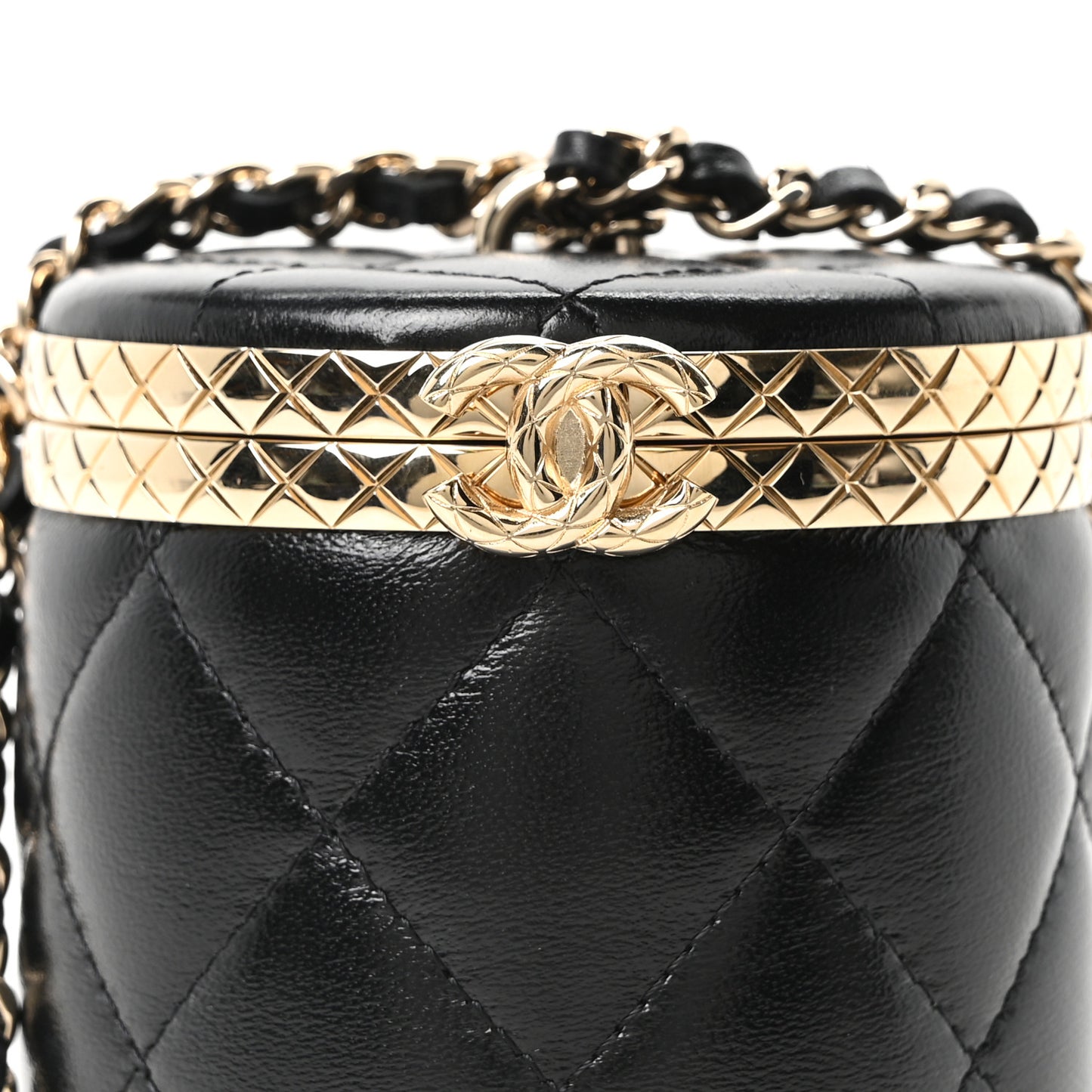 Metal Lambskin Quilted Mini Lock Frame Vanity Clutch Black