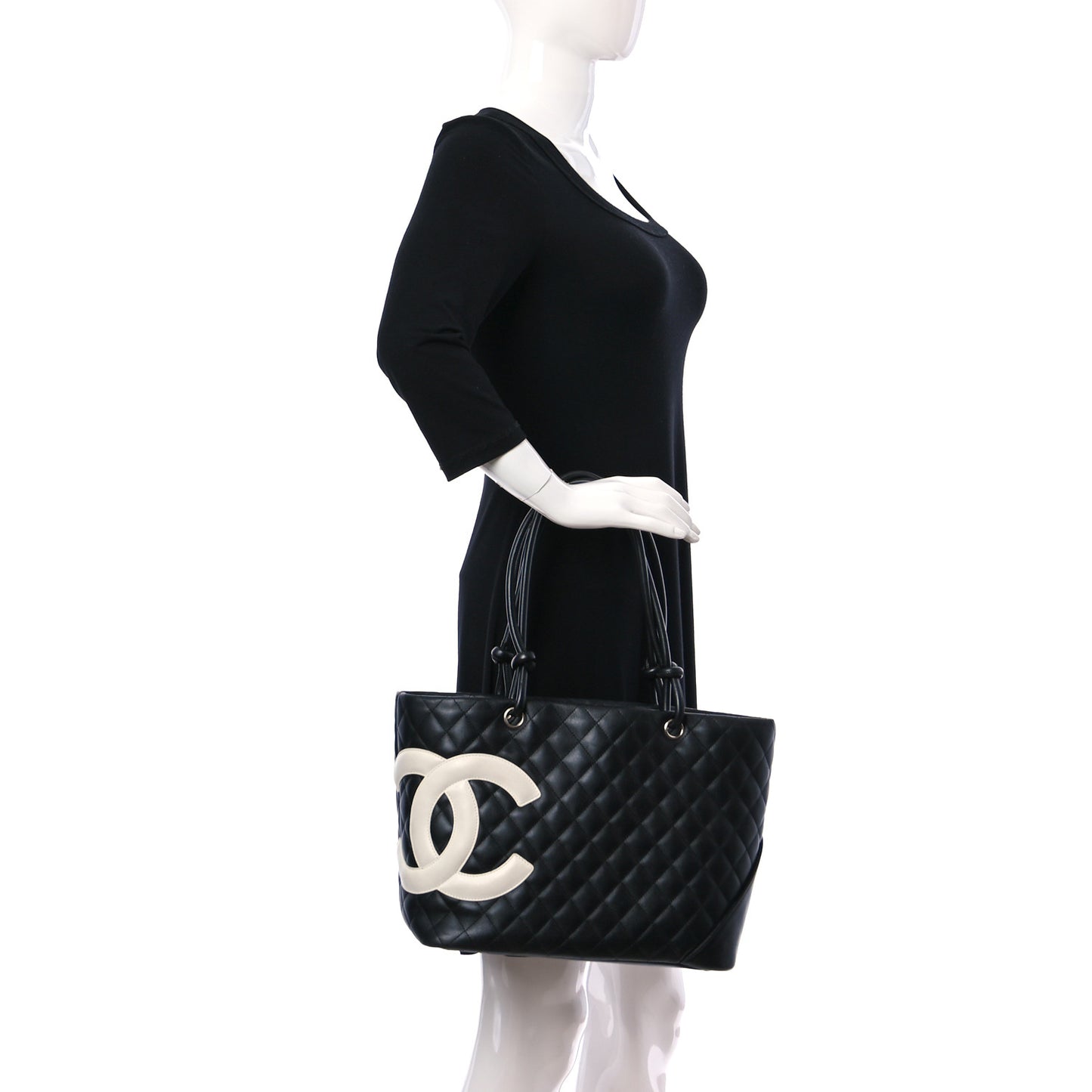 Calfskin Quilted Large Cambon Tote Black White