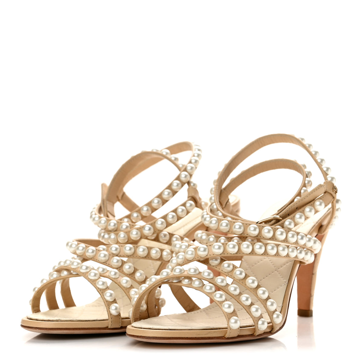 Goatskin Quilted Pearl Sandals 38.5 Beige