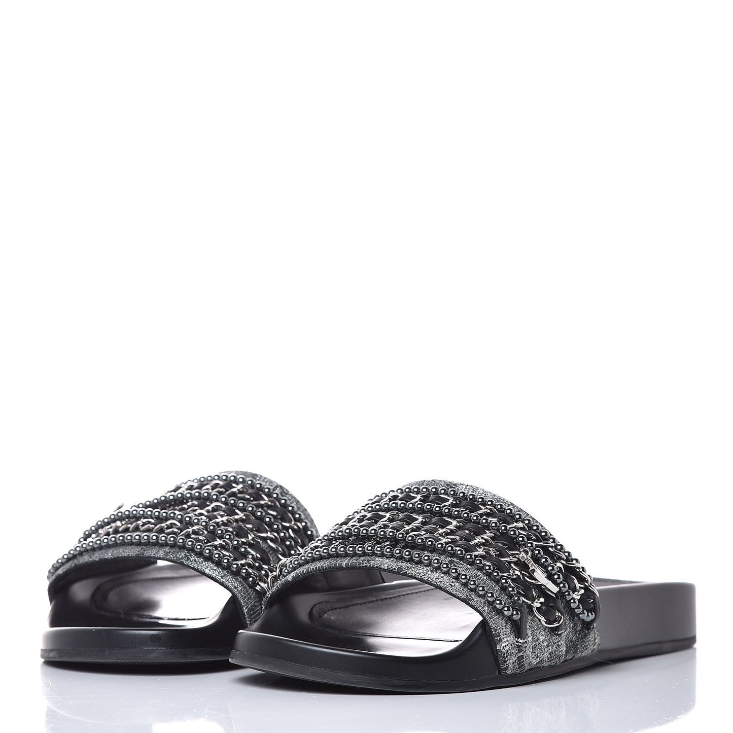 Fantasy Lambskin Pearl Chain Flat Sandals 38 Silver Black