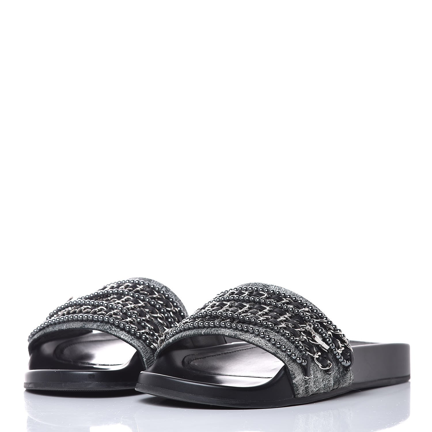 Chanel Fantasy Lambskin Pearl Chain Flat Sandals 38 Silver Black 3 of 11