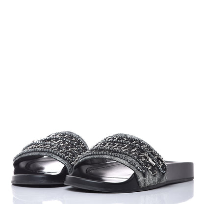 Chanel Fantasy Lambskin Pearl Chain Flat Sandals 38 Silver Black 3 of 11