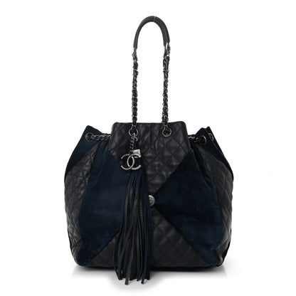 Chanel Goatskin Suede Calfskin Quilted Patchwork Drawstring Bag Blue 1 of 10