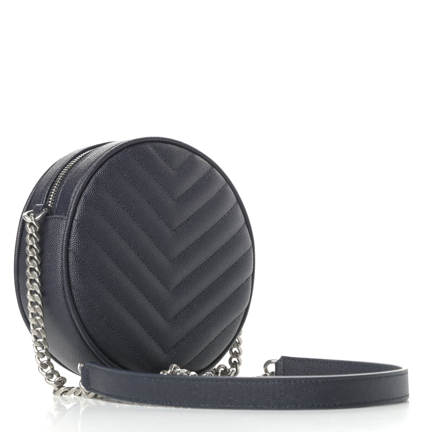 Saint Laurent Grain De Poudre Matelasse Chevron Quilted Round Vinyle Camera Bag Deep Marine 3 of 9