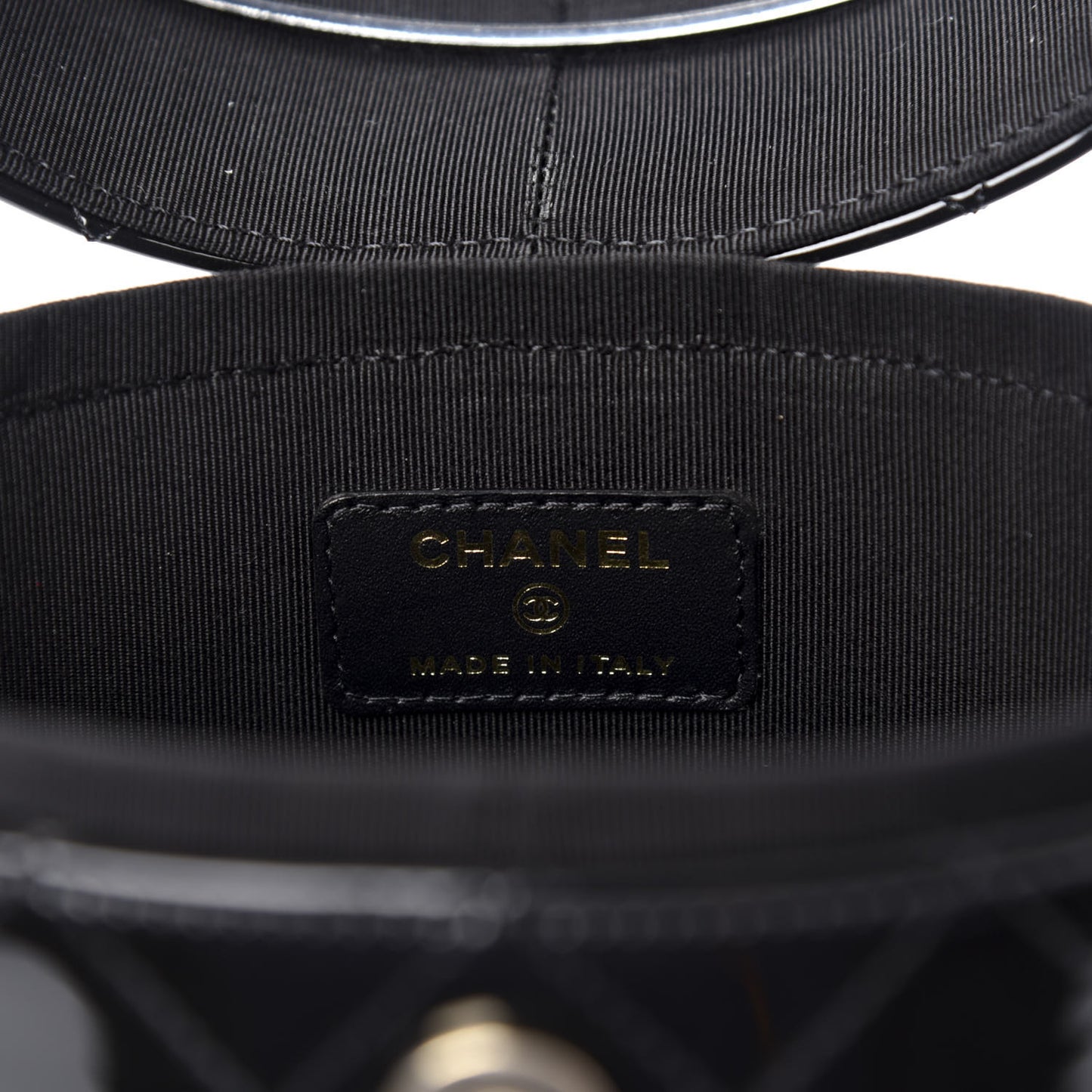 Patent Quilted Round Clutch With Chain Black