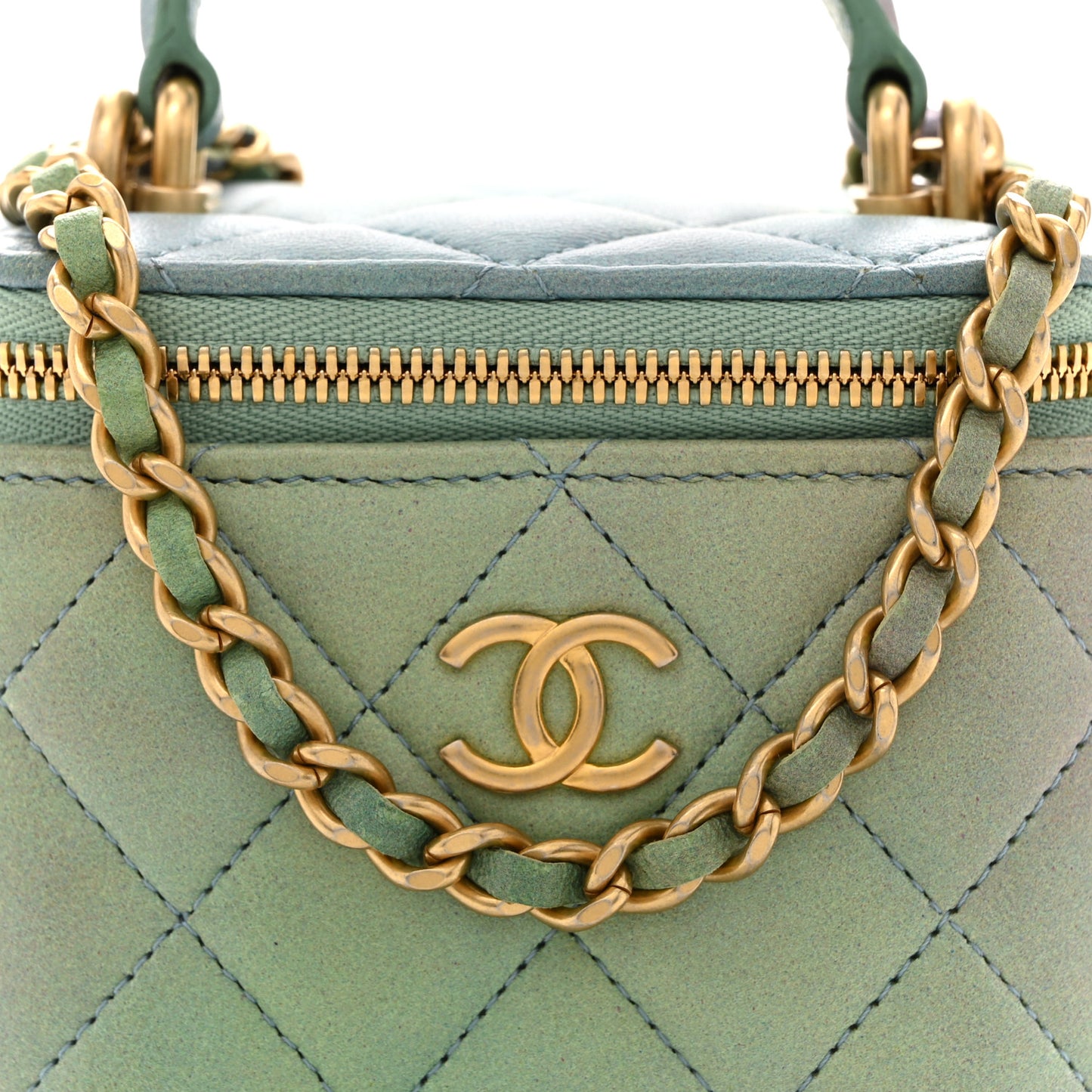 Lambskin Quilted Ombre Top Handle Mini Vanity Case With Chain Blue Green