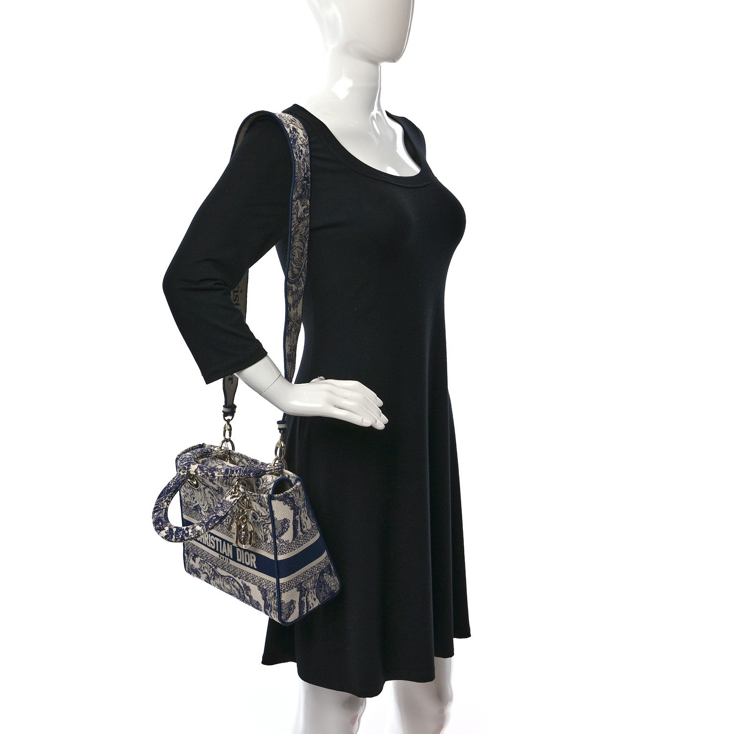 Christian Dior Canvas Toile De Jouy Embroidered Medium Lady D-Lite Navy 2 of 8