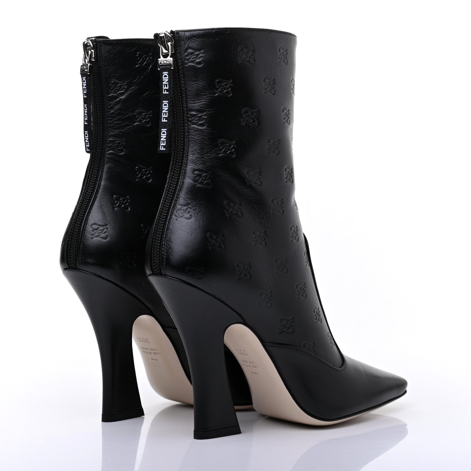 Fendi Vitello Karligraphy Embossed FFreedom High Heel Ankle Boots 38.5 Black 4 of 7