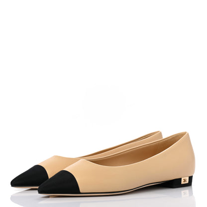 Chanel Lambskin Grosgrain Cap Toe Ballerina Flats 35.5 Beige Black 3 of 8