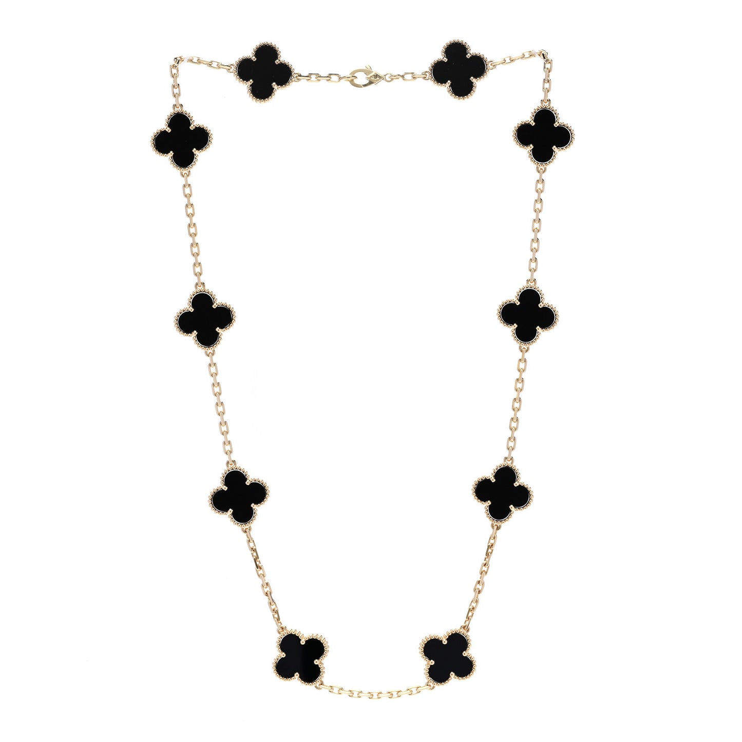 18K Yellow Gold Black Onyx 10 Motifs Vintage Alhambra Necklace