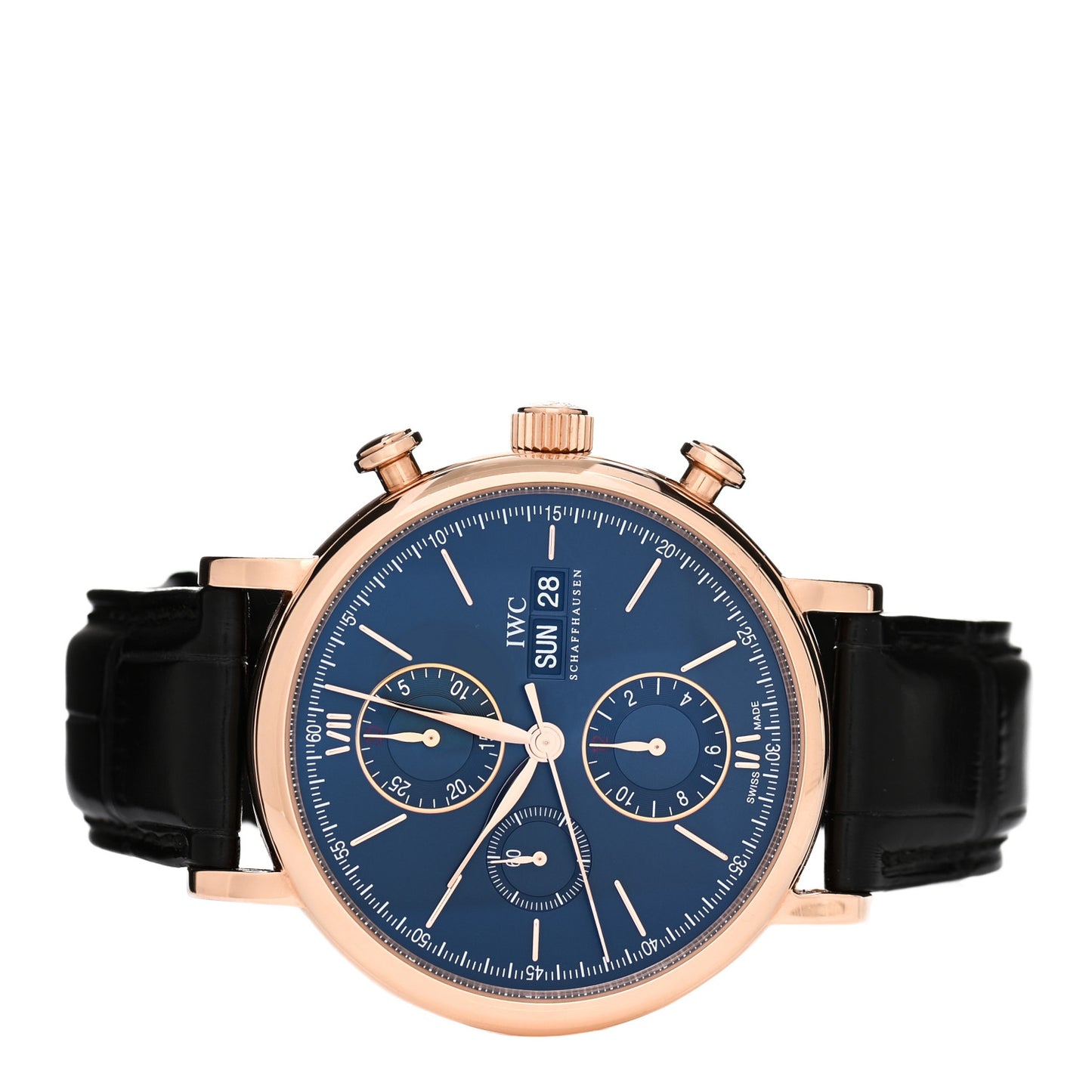 18K Rose Gold Alligator 42mm Portofino Chronograph Automatic Watch Blue IW391035
